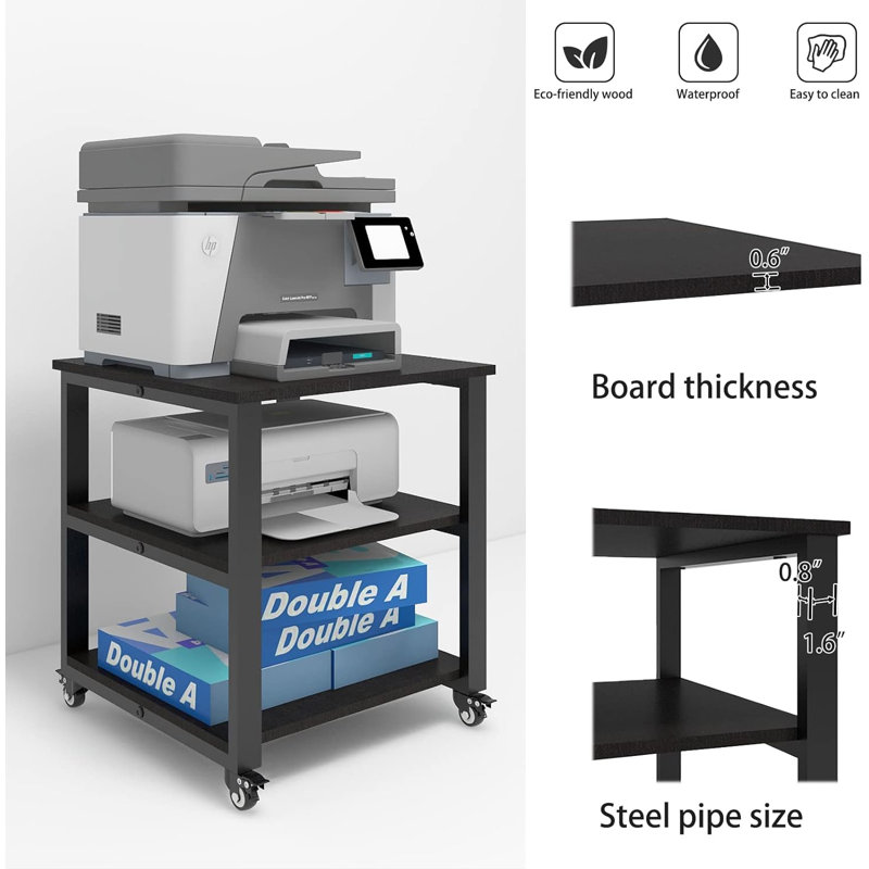 19.7 x 19.7 inches 3 Tier Laser Printer Stand with Storage Pinter desk Floor Standing Rack on Wheels Black